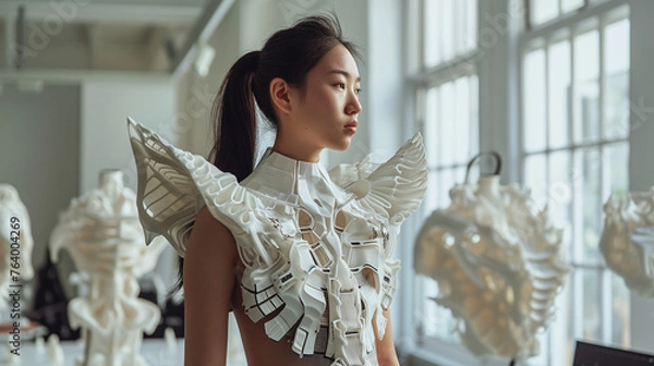 Fototapeta 3D printing in fashion design. A charming model in clothes printed on a 3D printer
