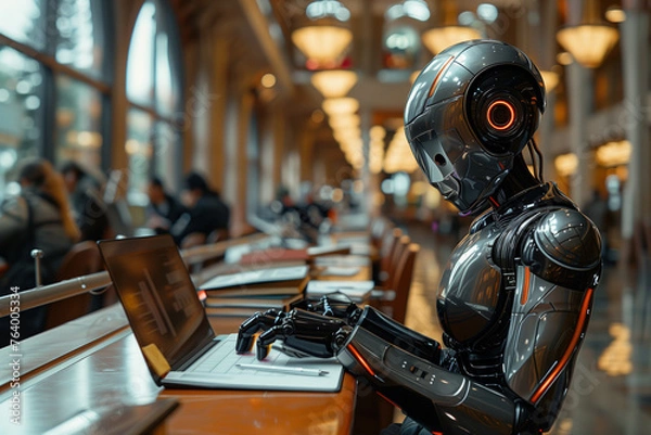 Fototapeta Photorealistic robot engaging in office work, signifying the integration of AI and robotics into business