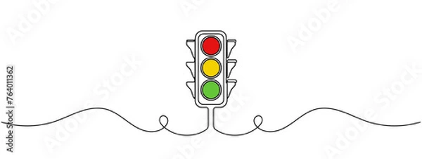 Obraz Continuous one line drawing of traffic lights with poles to regulate vehicle travel at road intersections. There are red, yellow, green lights. Single line draw design vector graphic illustration.