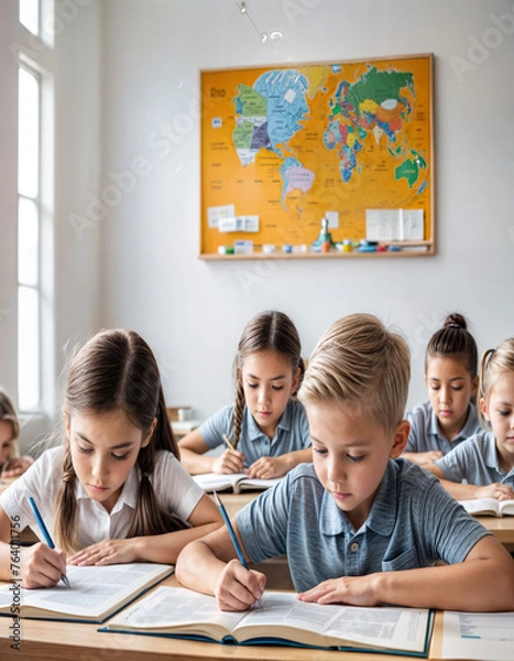 Fototapeta Children taking classes and studying at school, handwriting