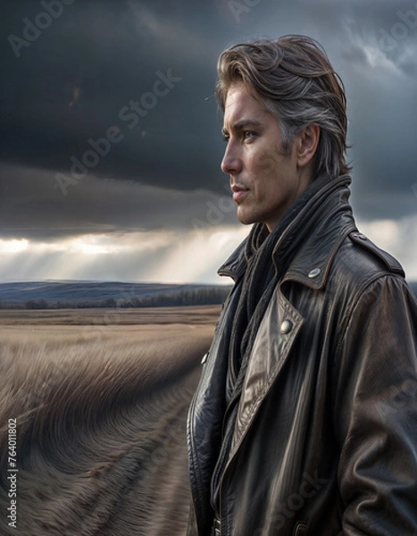 Fototapeta A middle-aged man standing lonely in a leather jacket on a dark plain