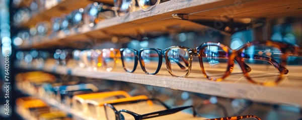 Obraz wall of glasses. display case with glasses for vision in an optical store