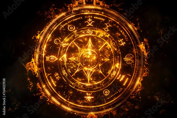 Obraz Gold magical runes in a circle. Magic spell effect. Ancient fantasy writing. Glowing neon ring.	