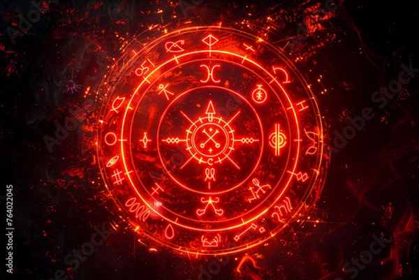 Obraz Red magic runes in a circle. Glowing spell effect. Ancient fantasy writing. Magical neon ring.	