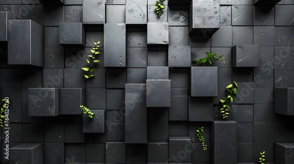 Fototapeta An intriguing juxtaposition of harsh geometric cubes softened by the emergence of green foliage, representing hope amidst the stark