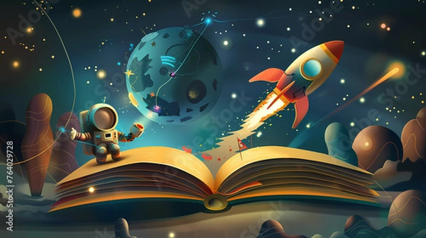 Fototapeta opened book with astronaut cartoon caracter ,flying rocket and space background.creative education concept.