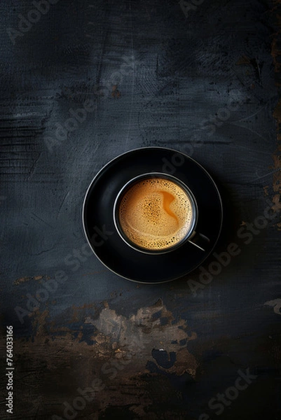 Fototapeta Topdown view of an isolated coffee on a table in a dark room