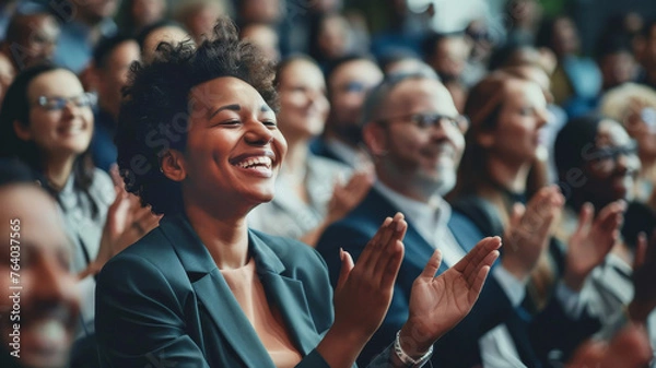 Fototapeta Exuberant Conference Attendees Applauding. Joyful diverse audience clapping at a business seminar.