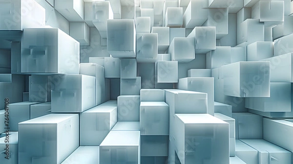 Fototapeta A visually intriguing 3D illustration featuring an array of blue cubes in various shades, creating a uniform yet dynamic pattern