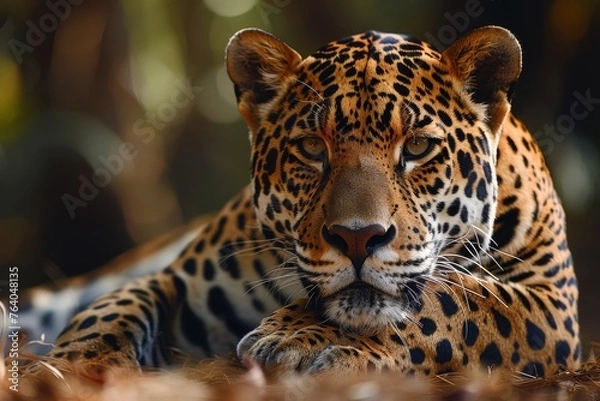 Fototapeta Captivating image of a leopard at rest, exuding elegance and power amidst the forest floor