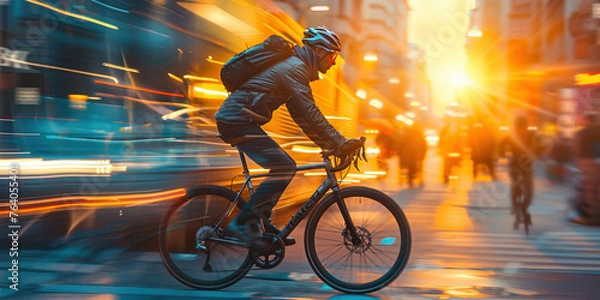 Fototapeta Sunset Timelapse of Person Riding Bicycle on City Street, Urban Cycling Scene in Motion