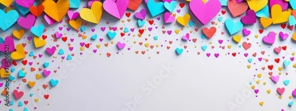 Obraz Many colorful heart shaped confetti scratched  on white background. Festive abstract backdrop. Romantic and love concept. Valentines day background for design greeting card, banner with copy space
