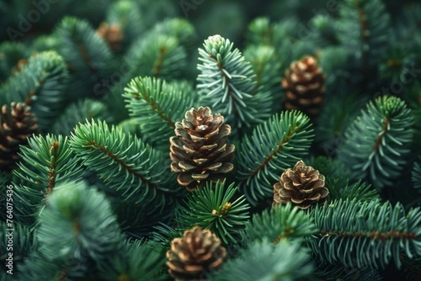 Fototapeta Lush fir branches with pine cones are spotlighted with soft, atmospheric lighting