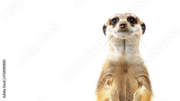 Fototapeta A charming meerkat standing tall, its curious gaze drawing viewers in against a pure white background.