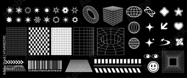 Fototapeta Rave psychedelic retro futuristic set. Vector illustration in trendy y2k style. Torus, eyes, square