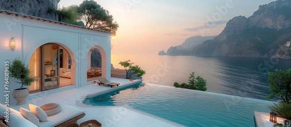 Fototapeta house with a pool near the sea