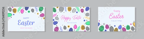Fototapeta Trendy Easter design with colourful eggs. Modern minimal style. Layout of a greeting cards set.  Vector illustration
