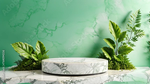 Fototapeta Green Marble Product Display Background, white marble stand display platform mock up, Stone podium, summer product stage presentation green pedestal plant rock leaf art abstract, marble pedestal