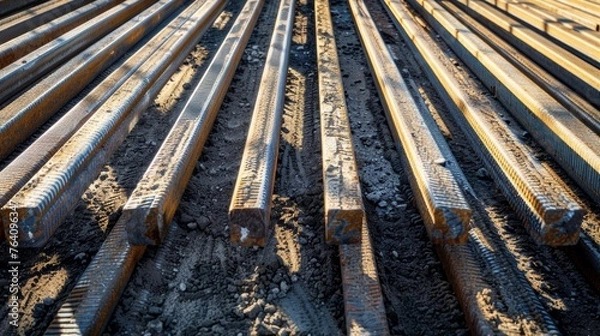 Fototapeta An image of stacked steel rebars casting a long shadow on a construction site, symbolizing their impact and lasting presence