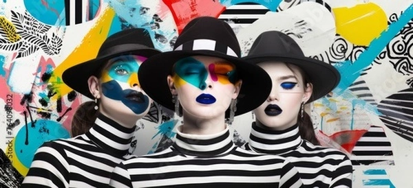 Fototapeta pop art style portrait of three  caucasian models with a large hat  posing on camera, black and white stripes mood, colorful touch, wallpaper pattern graphics