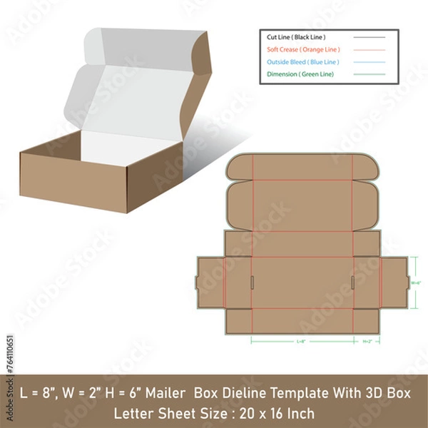Fototapeta Mailer box Size 8x2x6 inch dieline template, vector design