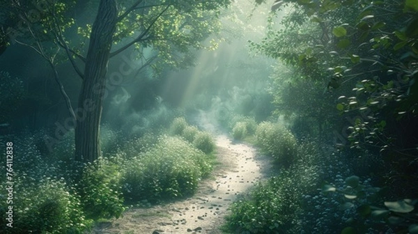 Fototapeta Ethereal Forest Journey Winding Path through Tranquil Nature for Mental Wellness and Stress Relief The Healing Power of Nature Stress Reduction and Well-being