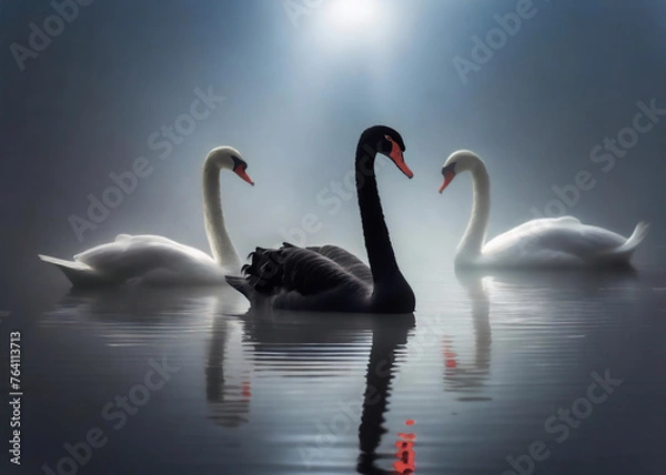 Fototapeta Black swan event. Image of a real black swan in a group of white swans on a misty lake.