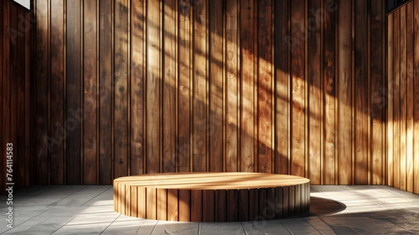 Obraz A minimalist podium set against the backdrop of an elegant wooden wall with horizontal slats, creating a sense of depth and texture in the scene. The sunlight casting soft shadows adds to its luxury. 