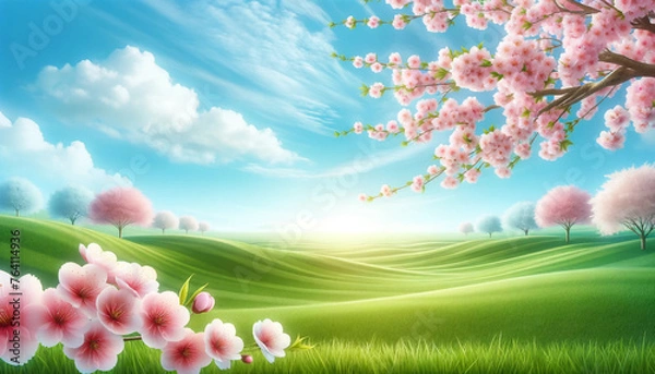 Fototapeta I've created the illustration for you, featuring the beautiful cherry blossoms, a light blue sky, and a green grass field, all in a 16:9 aspect ratio. 