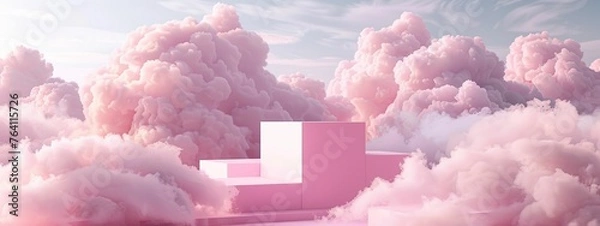 Fototapeta front view, pink 3d podium, sky background with clouds. For design, banner, product, contest, advertisement, presentation, card, flyer, poster