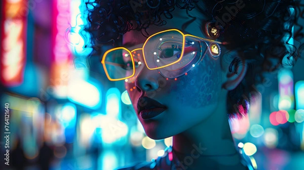 Fototapeta Curly locks and the rim of glasses stand out against a backdrop of vibrant neon lighting in an urban setting