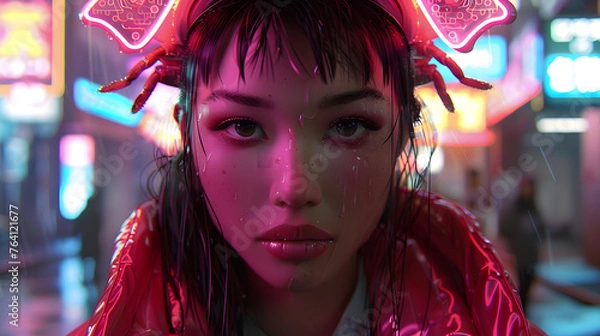 Fototapeta This unique artwork features a girl with neon lobster figures in a vibrant digital cityscape