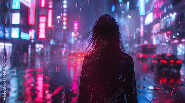 Fototapeta A mysterious woman stands surrounded by vibrant neon lights reflecting on wet streets, capturing a cyberpunk vibe