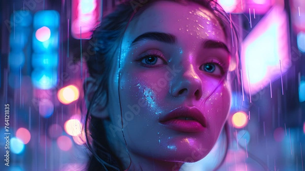 Fototapeta A visually striking digital portrait capturing a young woman's face, illuminated by vivid neon lights and raindrops