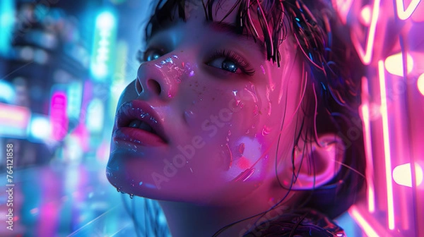 Fototapeta Image focuses on the luminescent neon lights with blurred cables in the foreground creating an abstract technology concept