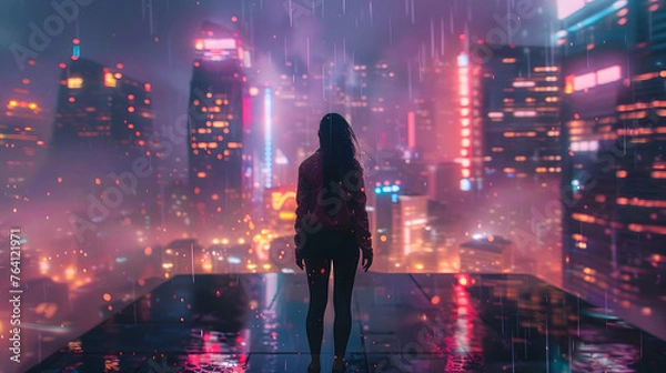 Fototapeta A lone figure looks out over a neon-drenched cityscape from a high vantage point, a sense of wonder and isolation
