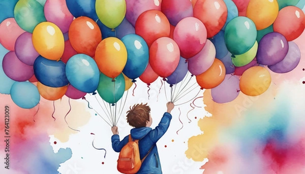 Fototapeta Watercolor Illustration Of Vibrant Balloons And Playful Peeking Person For Festive Promotion