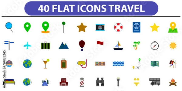 Fototapeta Modern flat icons vector collection with long shadow effect in stylish colors of traveling, tourism and vacation theme.