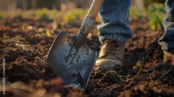 Obraz A shovel digs into rich soil with a person in boots standing by during a gardening session.