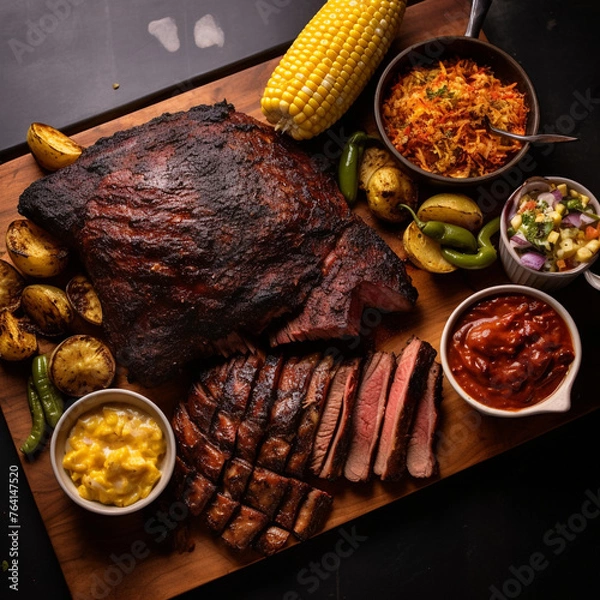 Fototapeta texas bbq with corn on the cobb, top view created with Generative Ai