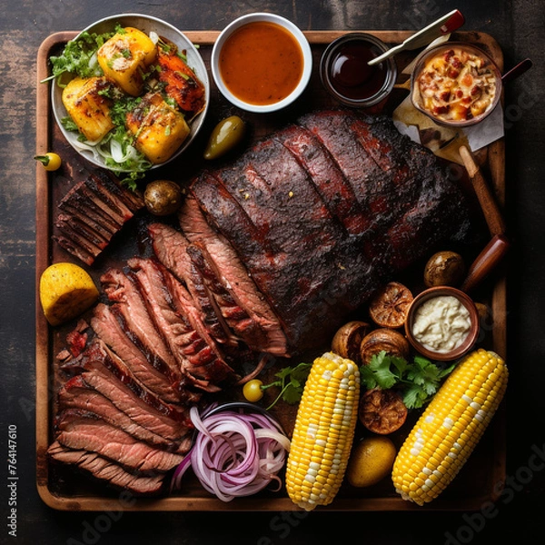 Fototapeta texas bbq with corn on the cobb, top view created with Generative Ai