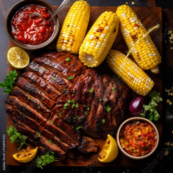 Fototapeta texas bbq with corn on the cobb, top view created with Generative Ai