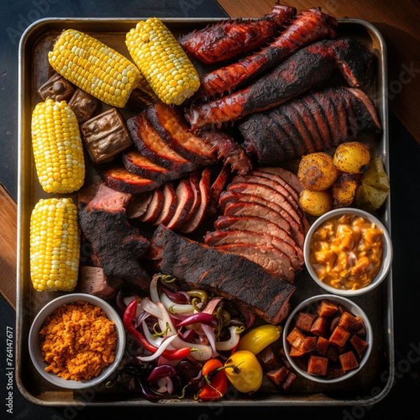 Fototapeta texas bbq with corn on the cobb, top view created with Generative Ai
