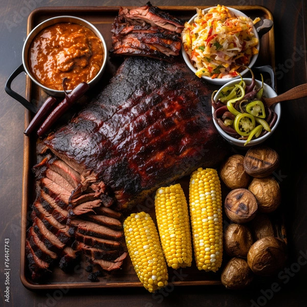 Fototapeta texas bbq with corn on the cobb, top view created with Generative Ai