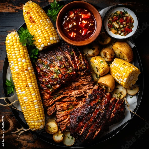 Fototapeta texas bbq with corn on the cobb, top view created with Generative Ai