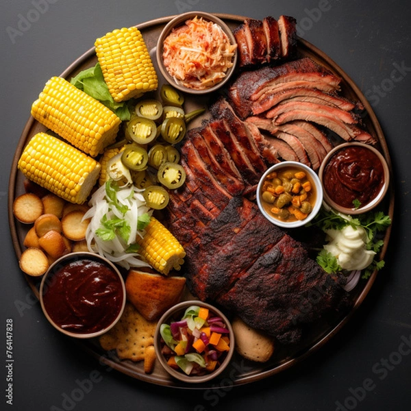 Fototapeta texas bbq with corn on the cobb, top view created with Generative Ai