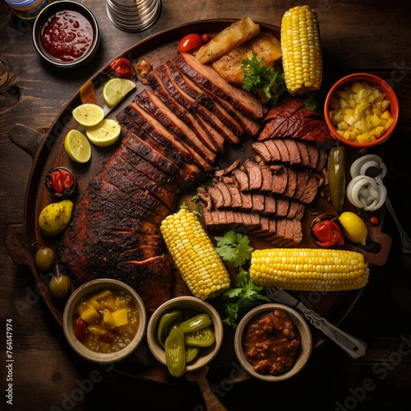 Fototapeta texas bbq with corn on the cobb, top view created with Generative Ai