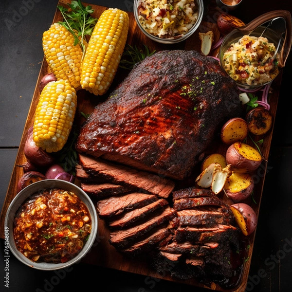 Obraz texas bbq with corn on the cobb, top view created with Generative Ai