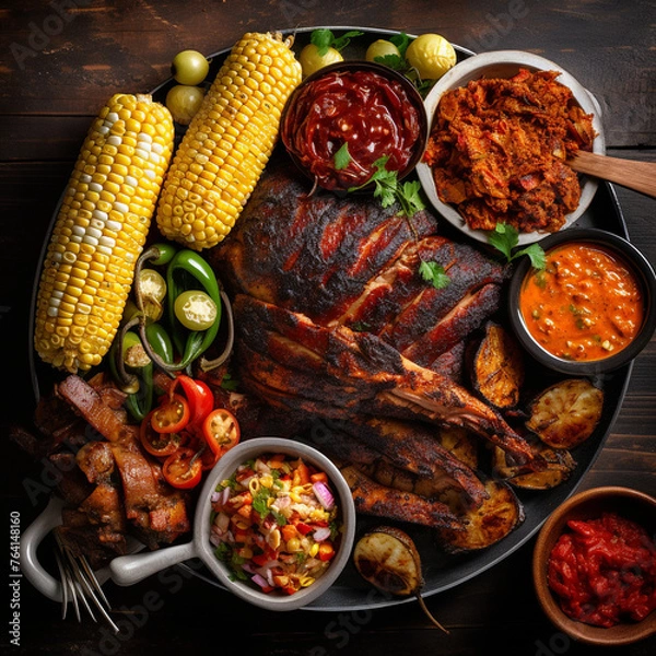 Fototapeta texas bbq with corn on the cobb, top view created with Generative Ai