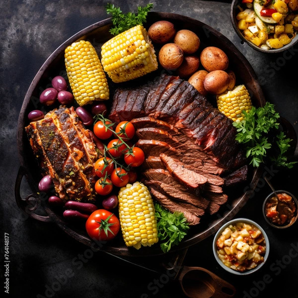 Fototapeta texas bbq with corn on the cobb, top view created with Generative Ai